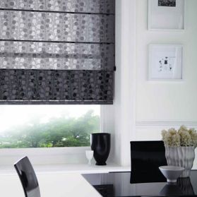 black and white patterned blinds